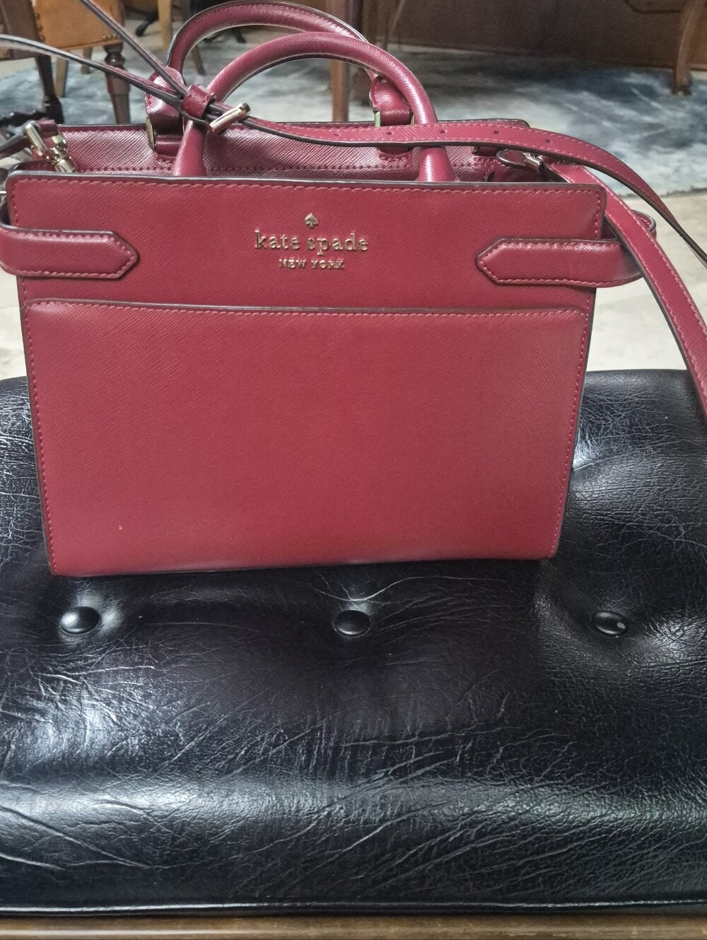 Kate Spade Maroon Leather Satchel Straps Bag, Gold-Tone Hardware, Zip Closure